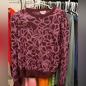kate spade Maroon Crewneck Sweater with Pink Floral Jacquard